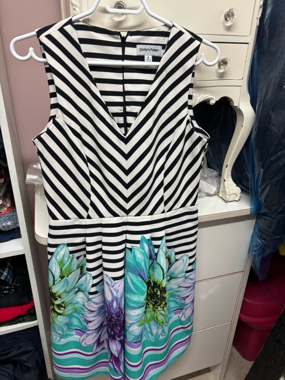 Shelby & Palmer Black and White Striped Midi Dress with Turquoise Floral Border